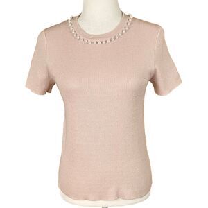 NAF NAF Ribbed Sweater Size S Soft Pink Pearl Embellishments Short Sleeves